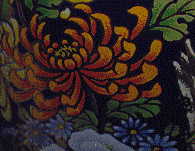 closeup of orange dahlia, from Chinese blue vase