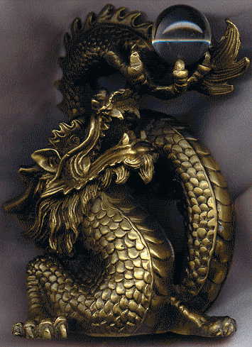 chinese brass dragon with glass pearl, front view