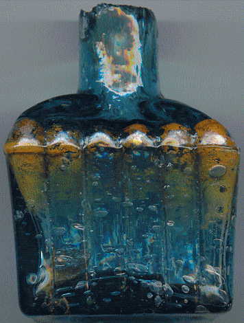 aqua glass victorian ink bottle with original broken-off neck and many many bubbles: front view
