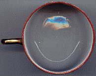 japanese porcelain handpainted cup: top view showing painted rim and gilded handle