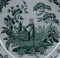 central illustration on the green/white plate: the woman at the well, surrounded by greenery