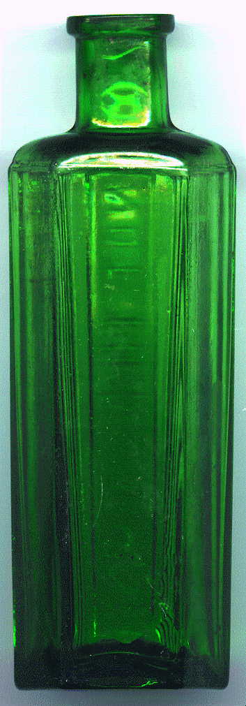 hexagonal green poison bottle: back view