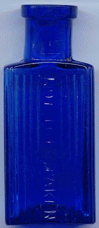 tiny bristol blue rectangular victorian ntbt poison bottle: front view