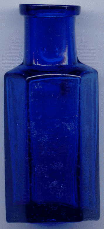 small blue octagonal poison bottle: back view