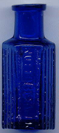 small octagonal blue poison bottle: front view